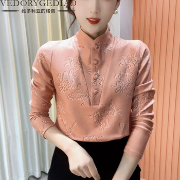 Victoria's style 2025 winter new style mid-collar plus velvet thickened bottoming women's printed temperament slimming versatile long-sleeved age-reducing top pink xl 90-110 pounds