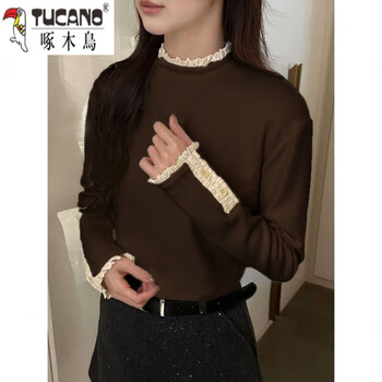 Woodpecker (tucano) half-high collar lace velvet bottoming shirt for women, autumn and winter new slim fit plus velvet warm style long-sleeved top, brown, warm double-sided velvet 2xl 125-140 catties