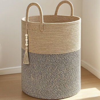 Dirty clothes basket storage dirty clothes basket woven storage basket home cotton rope basket household sundries basket storage living room bedroom coffee + card black + rhombus bead pendant 38*38*50cm diameter 38 cm * height 50 cm