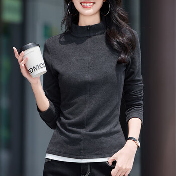 Jpuz half-high collar double-sided german velvet bottoming shirt for women autumn and winter 2025 new zipper fake two-piece plus velvet outer wear inner top gray s