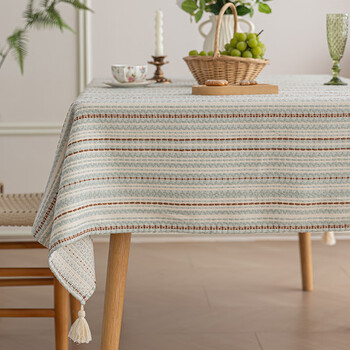 Sailoto song dynasty aesthetic chinese tablecloth 2025 new tablecloth rectangular light luxury style striped yarn-dyed weave fair isle light blue four corners with tassels 150*150cm
