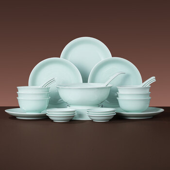 Jingdezhen (jdz) ceramic tableware complete set of chinese style shadow green bowl and plate set household tableware housewarming high-end new wedding logistics shadow