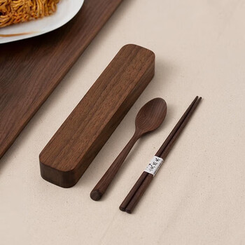 Half sheng chopsticks spoon single japanese-style wooden portable tableware storage box office worker one-person real-dedicated tableware spoon and chopsticks set black walnut
