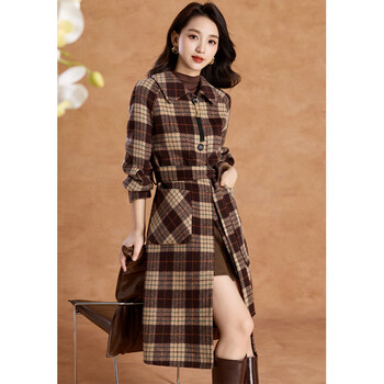 Kebel high-end retro plaid atmosphere coat women's 2025 new autumn and winter temperament mid-length woolen coat l