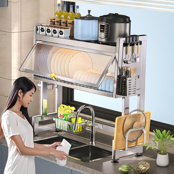 He jiagong 304 stainless steel kitchen rack above the sink, dish drain rack, pool multi-functional dustproof cupboard storage, upgraded thickened stainless steel, double-layer 65cm main rack + hooks*6