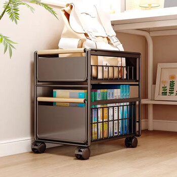 Lin's boy's schoolbag storage rack movable trolley book storage rack for home schoolbags under the table artifact pulley bookshelf double-layer large wooden handle with wheels black