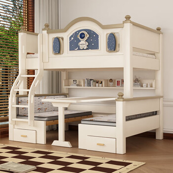 Upper bed and lower table solid wood multi-functional upper and lower bunk bed, high and low bed, desk bed, integrated children's bed, mother and child bed, ladder-double drawer-5cm brown mat, upper bed width 90, lower table width 120 (comes with bookshelf)