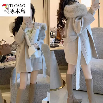 Woodpecker (tucano) high-end cashmere double-sided woolen korean style short coat autumn and winter women's small temperament waisted woolen coat oatmeal color s