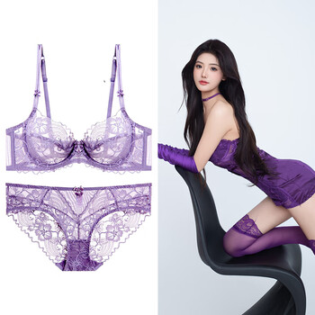 Victoria palace lace underwear ultra-thin summer sexy women's bra push-up supporting secondary breasts big breast slimming bra set purple 75b /34