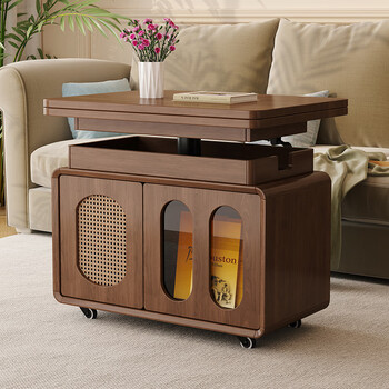 Aze coffee table, removable lifting and folding solid wood coffee table, living room, home corner table, small apartment, trolley, sofa side table, walnut color - solid wood ecological board material