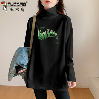 Woodpecker (tucano) turtleneck bottoming shirt for women with german velvet thickened warm loose large size mid-length top western style long-sleeved t-shirt ad0170 black xl 135-155 catties