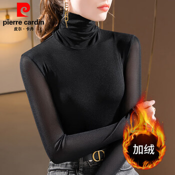 Pierre cardin high-neck mesh bottoming shirt for women 2025 european new style foreign-style inner with velvet and thickened warm long-sleeved elastic top black velvet 2xl