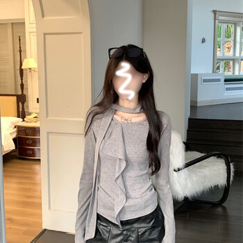Jin mu korean design ruffled streamers gray long-sleeved slim-fit inner t-shirt bottoming shirt tops for women autumn and winter new style gray slim-fitting bottoming shirt m recommended around 90-110 pounds
