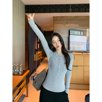 Pusumede korean comic figure henry collar long-sleeved top for women with base layer slim fit knitted temperament t-shirt floral gray s