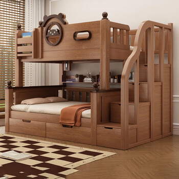Bold solid wood children's bed, double bed, high and low bed, bunk bed, small apartment, two-tiered bed, upper and lower bunk beds, cabinet ladder - 5cm brown mat - upper bed width 115, lower bed width 135 (comes with bookshelf)