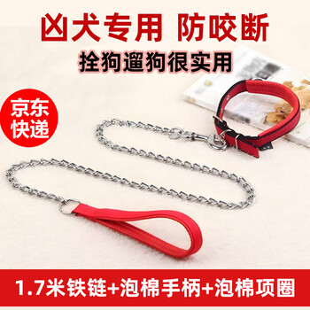 Spico chain dog leash, dog iron rope traction rope, anti-biting dog leash, medium and large dog tether, dog chain collar set, 1.7 meters (iron chain + red foam handle) + foam collar, diameter 3.0mm, 5-25 catties