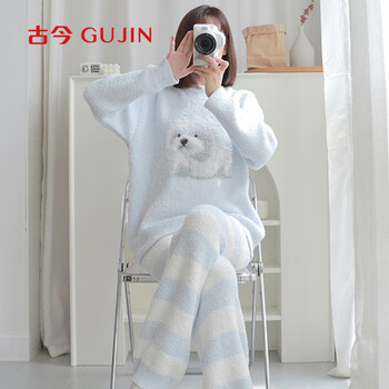 Gujin sweet and soft half-velvet autumn and winter long-sleeved pajamas for women at home and can be worn outside pajamas, large size plus velvet sweater set
