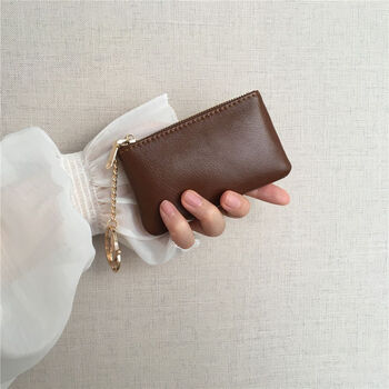 Deer color key bag, card holder, small zipper coin purse, light and thin key bag, lipstick bag, car portable, genuine leather texture, simple coffee color - simple and elegant, thin and portable, thin and portable