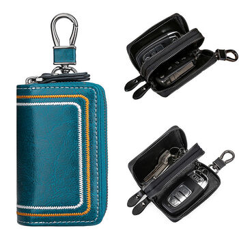 Ye yu's valentine's day gift genuine leather key bag for women, trendy embroidered double-layer large-capacity card holder, cowhide key bag for home and car, peacock blue hanging buckle key bag