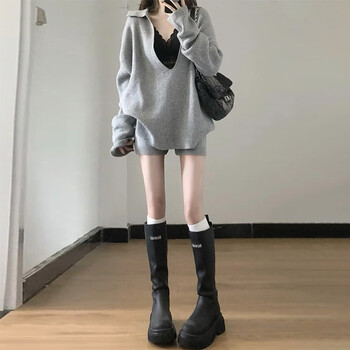 Ac-aichen international big brand early autumn gray knitted sweater suit dress women's 2025 new small set gray suit (excluding inner wear) black tea style outfit/copper sulfate/autumn feel/s