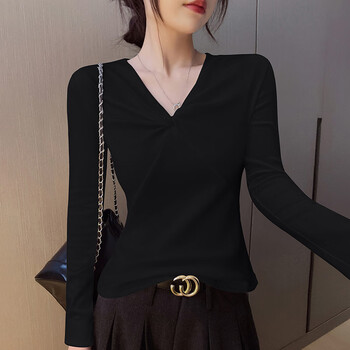 Modal black v-neck long-sleeved bottoming shirt for women, 2025 autumn and winter new slimming twist design t-shirt top, black xl