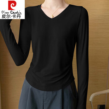 Pierre cardin black v-neck modal bottoming shirt long-sleeved t-shirt for women spring and autumn 2025 new slim fit thin style outer top white slightly see-through modal style xl (114-126 pounds)