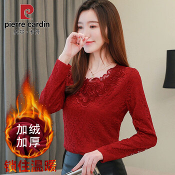 Pierre cardin plus velvet sexy lace bottoming shirt new autumn and winter thickened women's warm top embroidered lace fashionable shirt for outer wear burgundy plus velvet m (recommended 80-105 pounds)