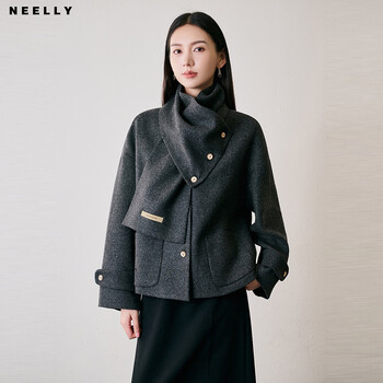 Neelly nali shopping mall's new winter style short design scarf collar temperament sheep wool coat for women dark gray s