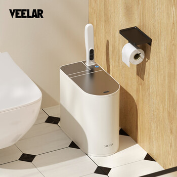 Veelar intelligent sensor trash can for bathrooms and toilet homes with narrow gap and integrated toilet brush special bucket 2025 new style 7l cream white comes with 30 brush heads + pulleys | free wall stickers + 100 garbage bags