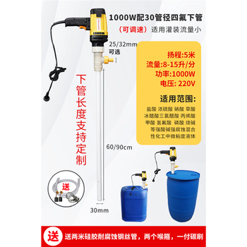 Stainless steel chemical pump, acid and alkali pump, ptfe material anti-corrosion pump, portable electric oil pump, 1000w with 30 diameter ptfe lower pipe, suitable for small filling flow, mainly based on power classification