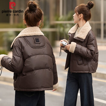Pierre cardin disposable pu leather down jacket for women 2025 winter new style small and stylish imitation lambswool lapel white duck down jacket coffee color m