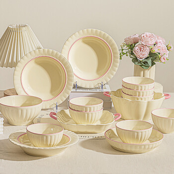 Mystery bowls, plates and tableware set for home use 2025 new high-looking bowls and dishes set cream style ceramic bowls housewarming gift practical configuration 4 people food 20-piece set