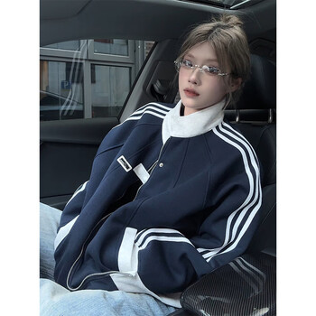 Luyal american trendy striped stand-collar jacket for women spring and autumn new contrasting color design baseball uniform zipper cardigan sweatshirt navy l