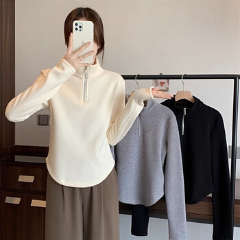 Ouyu large size plus velvet thickened half turtleneck bottoming shirt women's autumn and winter new irregular slim slim warm top apricot spring and autumn style xl recommended 110-120 pounds