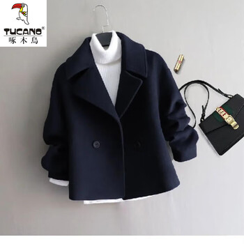 Woodpecker high-end woolen coat women's short style 2025 autumn and winter new style small fashion temperament woolen woolen coat trendy navy blue xl