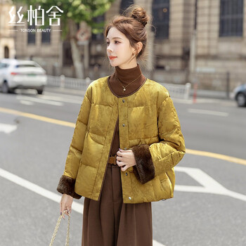 Sibaishe 90 velvet new chinese style down jacket for women 2025 winter new style round neck long sleeve contrasting color splicing jacket