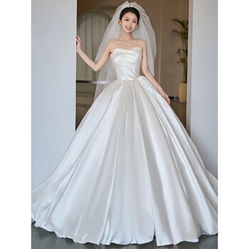 Shandongshaonv strapless satin wedding dress 2025 bride petite main yarn french style going out yarn fugitive princess high quality white floor-length style (single wedding dress without accessories) xs weight about 80 pounds