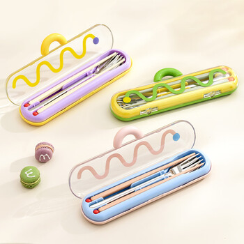 Mai xuan high-looking tableware set food-grade chopsticks and spoon storage box for office workers, student portable tableware box for one person, single set, pink mist blue-three-piece set, 304 antibacterial