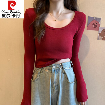 Pierre cardin red knitted bottoming shirt for women autumn large neckline long-sleeved cotton top sexy u-neck right shoulder ribbed cotton inner t-shirt red s