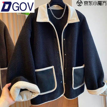Dgov leakage counter has withdrawn the autumn contrasting color corduroy lapel spliced lamb wool jacket for women, black m (90-100 pounds)