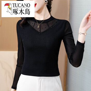 Woodpecker (tucano) lace mesh bottoming shirt women's spring and autumn 2025 new western style inner shirt mom a long sleeve t-shirt black top black thin xl