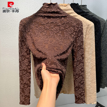 Pierre cardin velvet lace bottoming shirt for women in autumn and winter, stylish inner layer, thickened and warm high-neck long-sleeved top for women 2025 new style, brown high-neck s, recommended 80-100 pounds