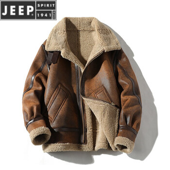Jeep spirit jeep retro suede lambswool jacket men's jacket plus velvet thickened winter fur all-in-one motorcycle leather jacket trendy brown s