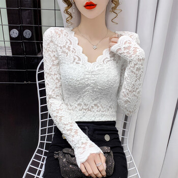 Yoekbird v-neck lace bottoming shirt for women 2025 spring new small shirt with velvet inner long-sleeved mesh top for women white 2xl