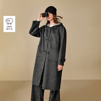 Inman pure sheep wool hooded double-sided woolen jacket 2025 winter women's new long woolen top dark gray s