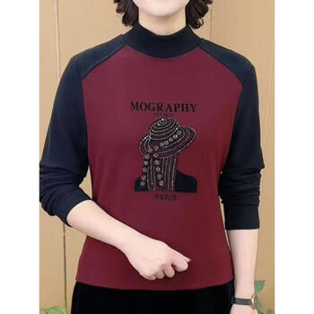 2025 autumn and winter new style double-sided velvet warm bottoming shirt, middle-aged and elderly women's clothing, 50-year-old mother's clothing, 60-year-old top, burgundy, velvet and thickened, 2xl, recommended 105-115 pounds