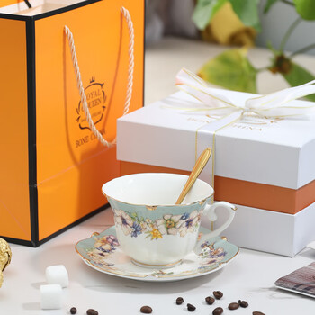 Ruihe bone china coffee cup and saucer set light luxury high-grade ceramic mug high-end cup for best friend wedding gift water cup light luxury chrysanthemum blue 1 cup 1 saucer 1 spoon gift box 200ml