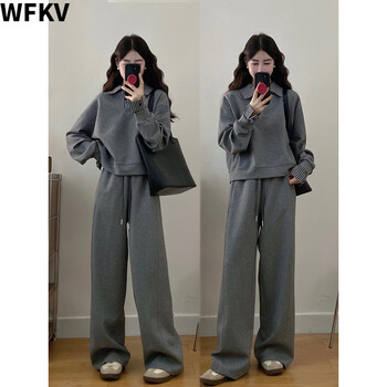 Wfkv plus size women's clothing for fat mm korean style chic gray casual sports suit fashionable sweatshirt wide leg pants trousers two-piece set gray two-piece set l 100-115 catties