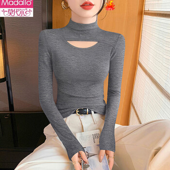 Modal half turtleneck bottoming shirt for women, hollow long-sleeved t-shirt, autumn and winter inner fit, slim knitted threaded black top, black floral gray, hollow style m, recommended 96-108 pounds