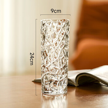 Thickened vase glass transparent water-raised rich bamboo rose lily dried flower arrangement ornaments large living room nordic vase transparent ice pattern 24cm